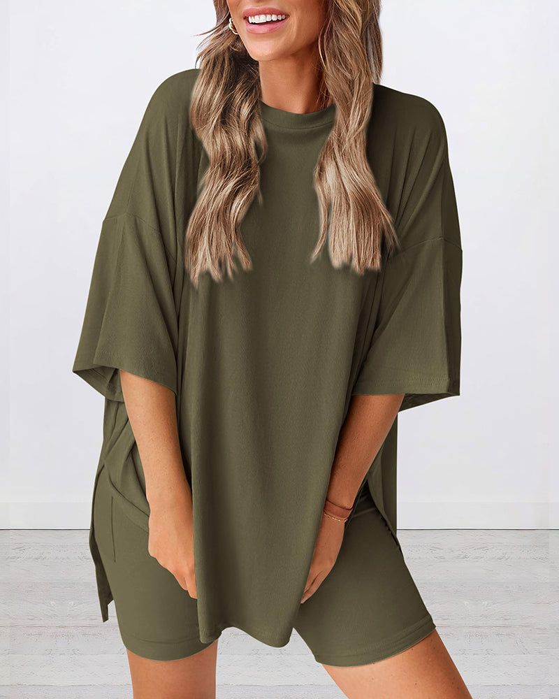 Summer Casual Oversized Lounge Set with Split Hem Shirts & Side Pocket Biker Shorts