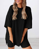 Summer Casual Oversized Lounge Set with Split Hem Shirts & Side Pocket Biker Shorts