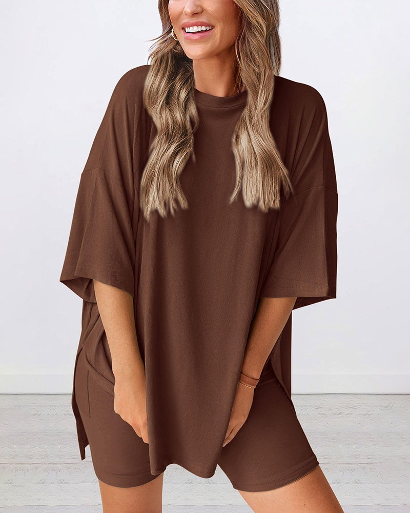 Summer Casual Oversized Lounge Set with Split Hem Shirts & Side Pocket Biker Shorts