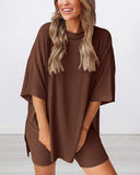 Summer Casual Oversized Lounge Set with Split Hem Shirts & Side Pocket Biker Shorts