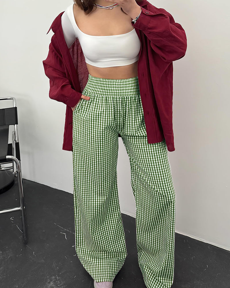 Striped Gingham Wide Leg Pants High Waisted with Pockets