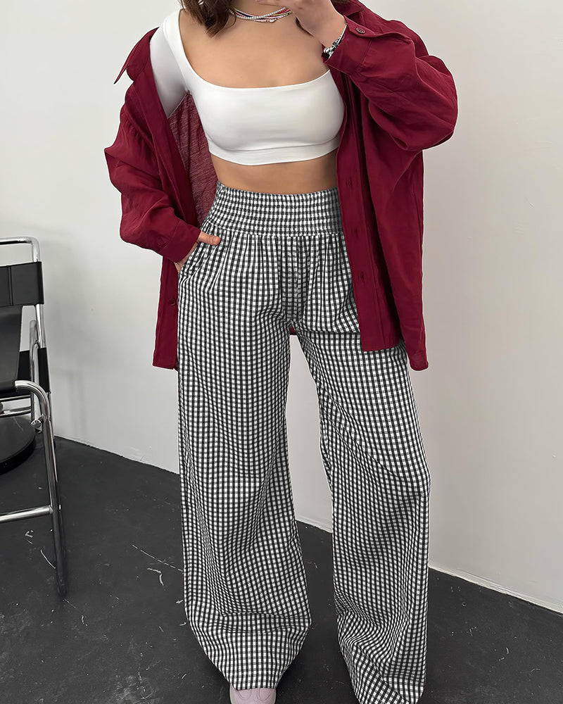Striped Gingham Wide Leg Pants High Waisted with Pockets