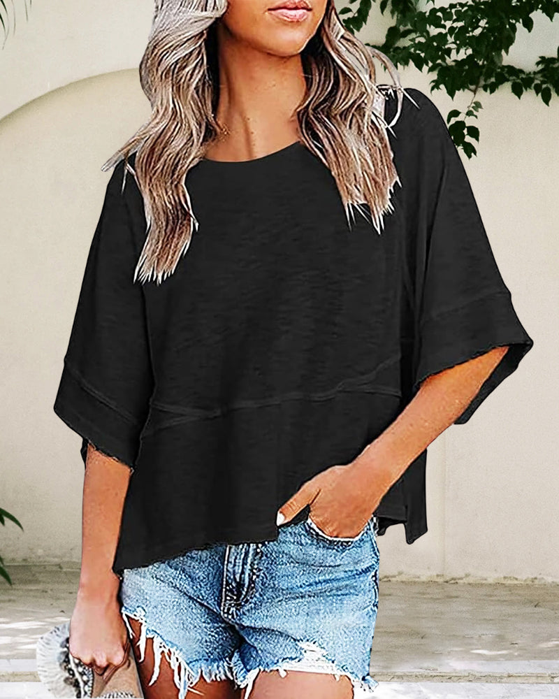 Camisetas de manga murciélago de cuello redondo de color liso