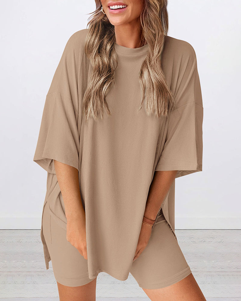 Summer Casual Oversized Lounge Set with Split Hem Shirts & Side Pocket Biker Shorts