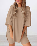Summer Casual Oversized Lounge Set with Split Hem Shirts & Side Pocket Biker Shorts