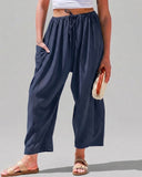 Pantalones harén de pernera ancha para mujer, informales, holgados, con cordón, para verano, con bolsillos