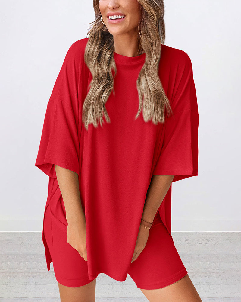 Summer Casual Oversized Lounge Set with Split Hem Shirts & Side Pocket Biker Shorts