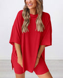 Summer Casual Oversized Lounge Set with Split Hem Shirts & Side Pocket Biker Shorts