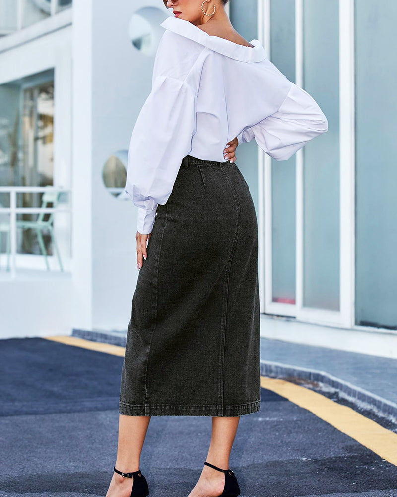 The All-Seasons High Waisted Button Front Denim Skirt