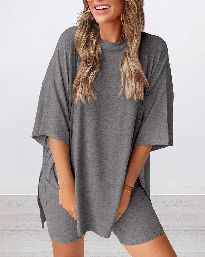 Summer Casual Oversized Lounge Set with Split Hem Shirts & Side Pocket Biker Shorts