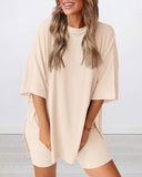 Summer Casual Oversized Lounge Set with Split Hem Shirts & Side Pocket Biker Shorts