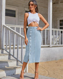 The All-Seasons High Waisted Button Front Denim Skirt
