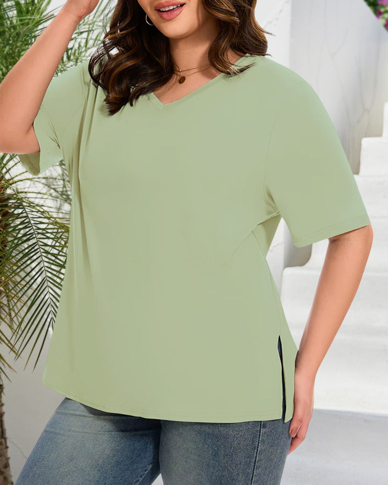 Longer Sleeve Plus Size V-Neck T-Shirt — Covers Your Arms & Hides Your Belly