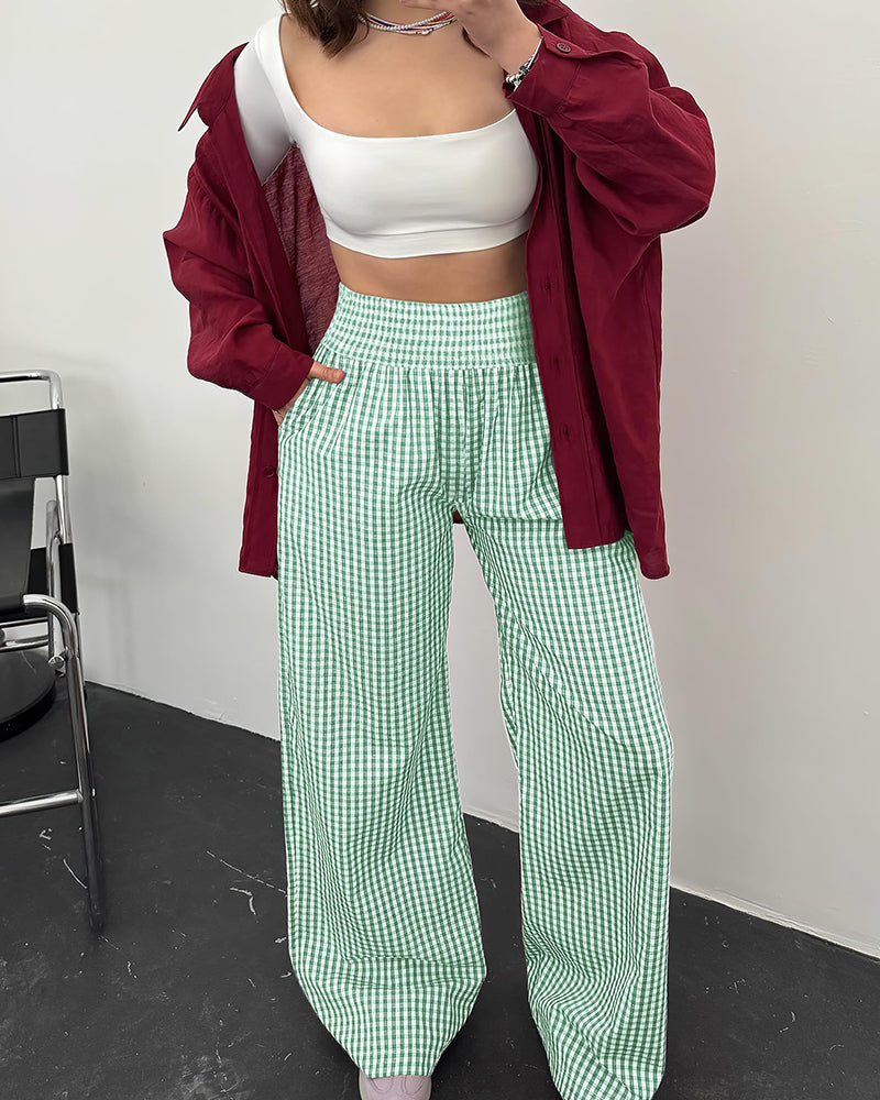 Striped Gingham Wide Leg Pants High Waisted with Pockets