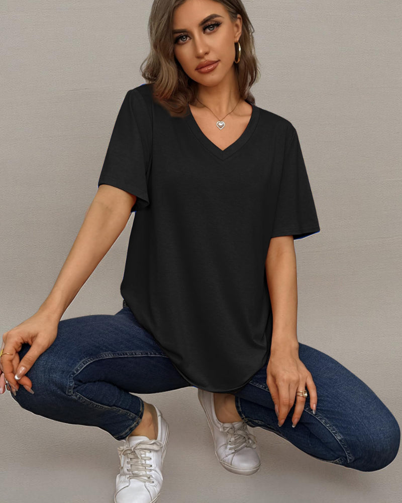 Camisetas de mujer con cuello en V, manga corta, casuales y holgadas