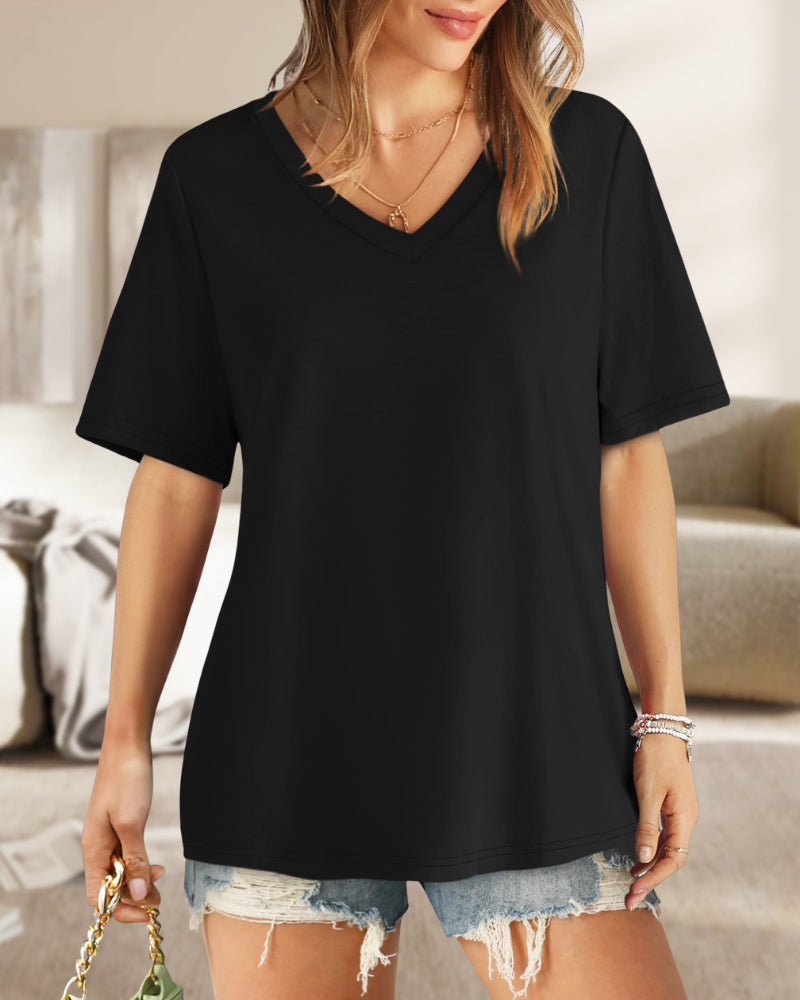 Camisetas de mujer con cuello en V, manga corta, casuales y holgadas