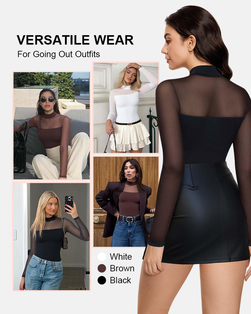 Sparkle Mesh Sheer Long Sleeve Ruched Top