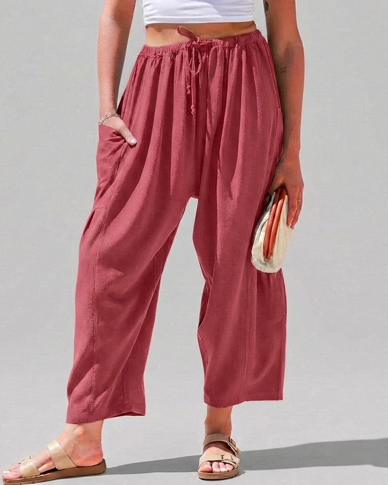 Pantalones harén de pernera ancha para mujer, informales, holgados, con cordón, para verano, con bolsillos