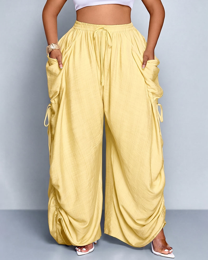 Pantalones de pernera ancha, casuales y de talla grande con ajuste holgado, lazo en la cintura y bolsillos
