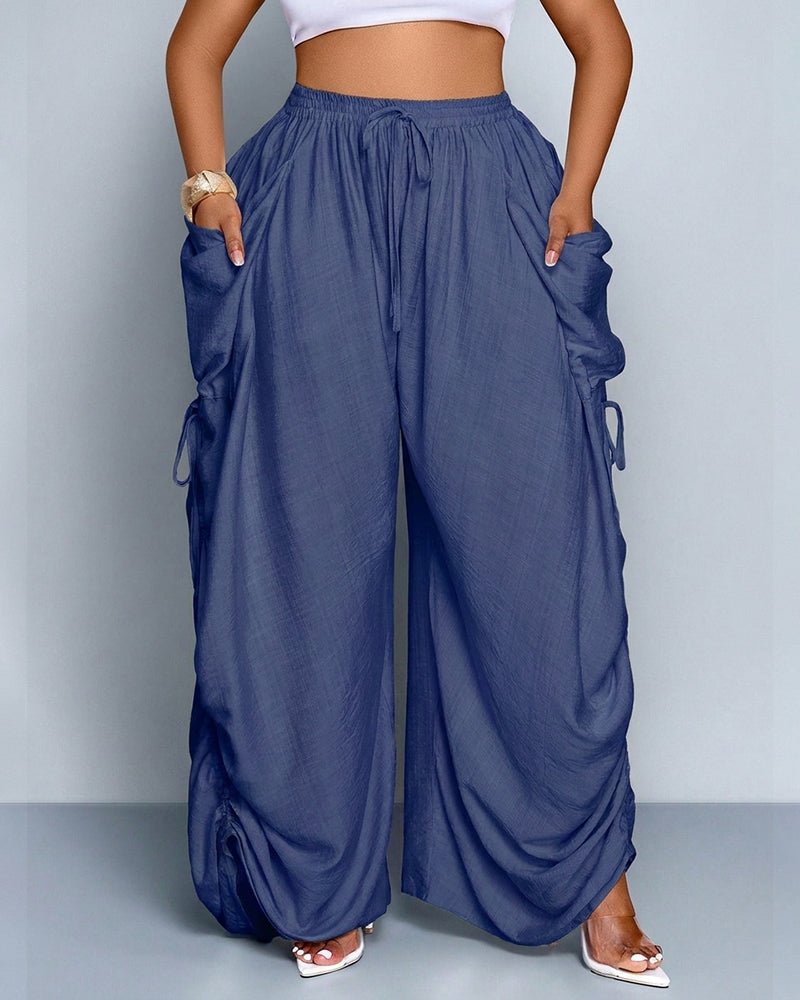 Pantalones de pernera ancha, casuales y de talla grande con ajuste holgado, lazo en la cintura y bolsillos