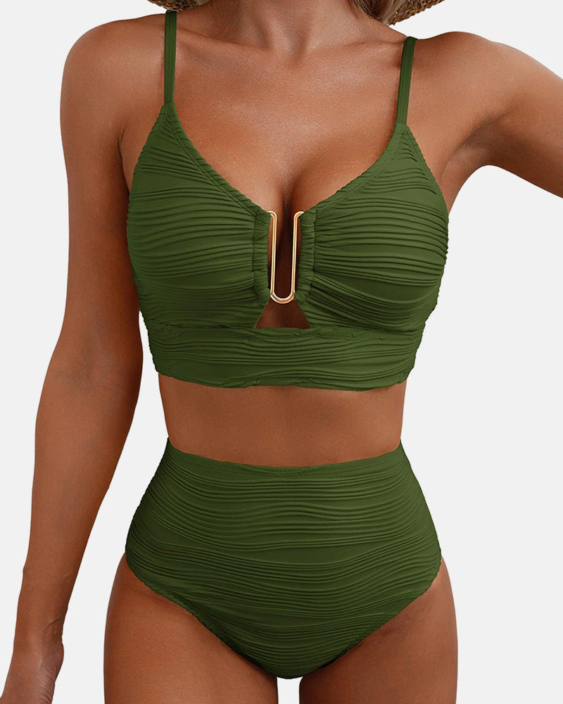 U-Wire Cutout Swimsuit High Waisted Textured Bikini Set