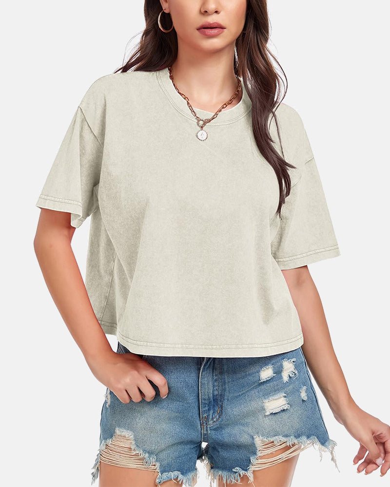 Oversized Vintage Acid Wash Cotton Cropped T Shirts