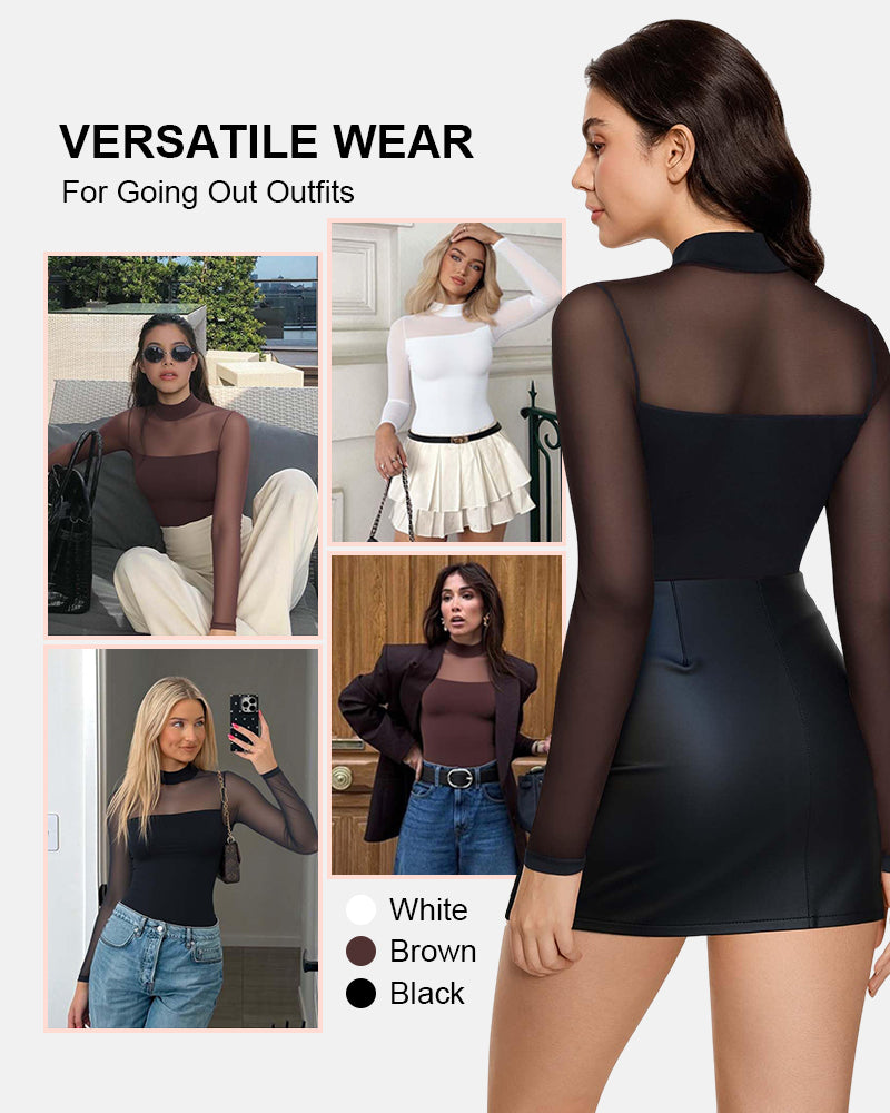 Illusion Mesh Turtleneck Long Sleeve Tummy Control Bodysuit
