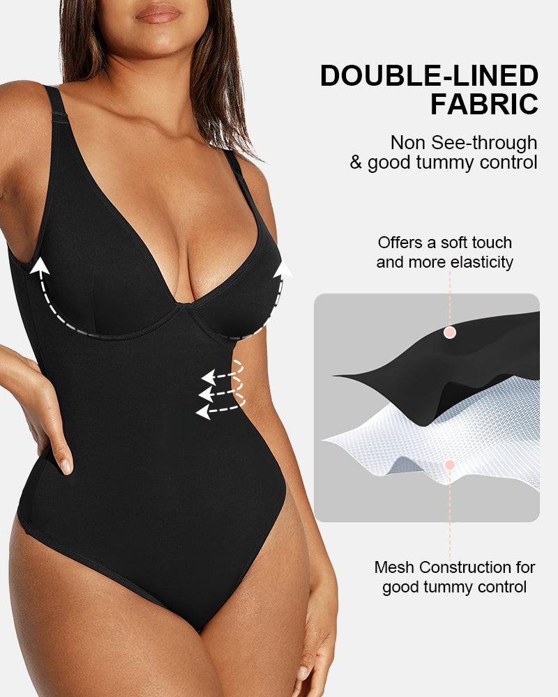 Deep V Neck Tummy Control Thong Bodysuit