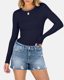Women Full Length Long Sleeve Rib Knit Slim Fit Tops