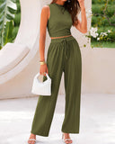 Conjunto de punto acanalado de 2 piezas – Top corto sin mangas y pantalones de pierna ancha