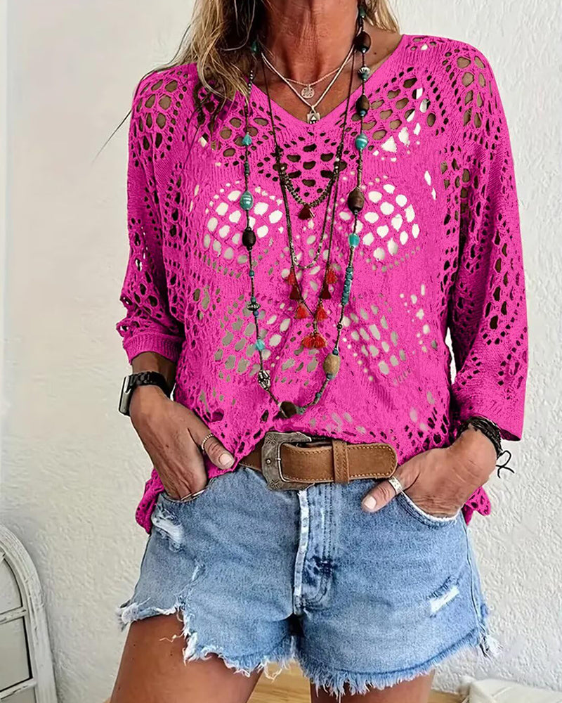 Top de ganchillo beige de inspiración bohemia para mujer con escote en V