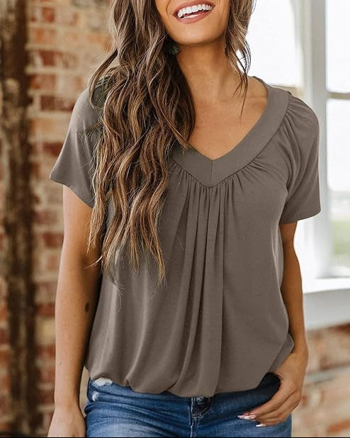 Top fruncido de mujer con cuello de pico holgado