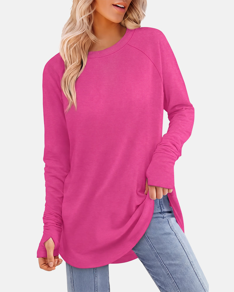 Women Long Sleeve Thumb Hole Crew Neck Tunic Top
