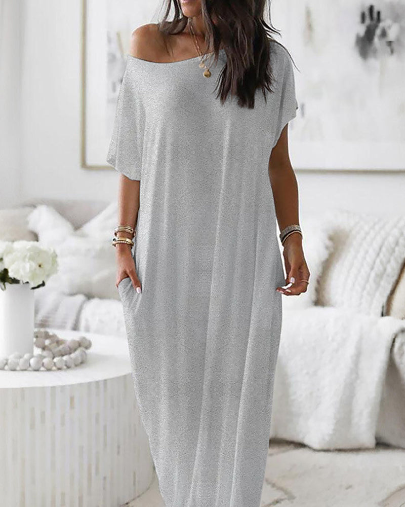 Women's Oversized Solid Slant Shoulder Pocket Dress