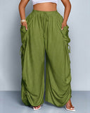 Pantalones de pernera ancha, casuales y de talla grande con ajuste holgado, lazo en la cintura y bolsillos