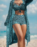 Women's Geometric Print Drawstring Swimsuit Three-Piece Set