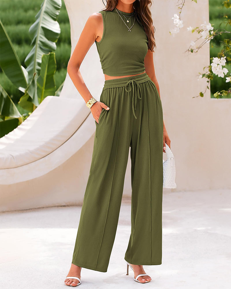 Conjunto de punto acanalado de 2 piezas – Top corto sin mangas y pantalones de pierna ancha