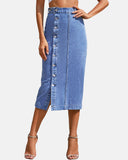 The All-Seasons High Waisted Button Front Denim Skirt