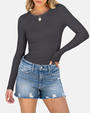 Women Full Length Long Sleeve Rib Knit Slim Fit Tops