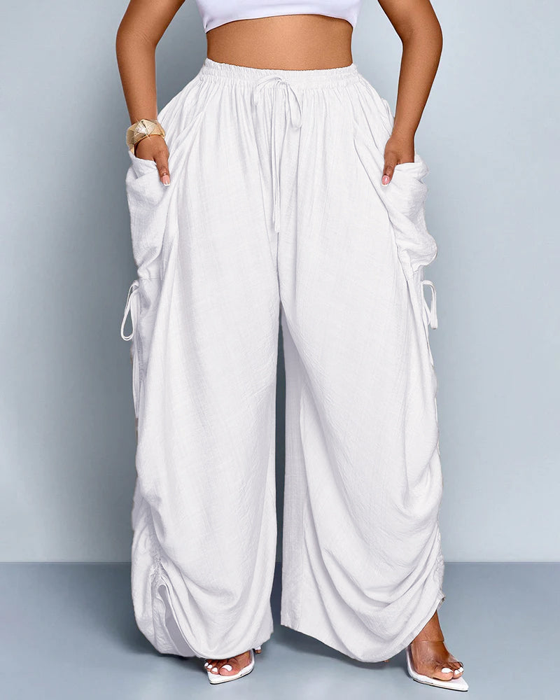 Pantalones de pernera ancha, casuales y de talla grande con ajuste holgado, lazo en la cintura y bolsillos