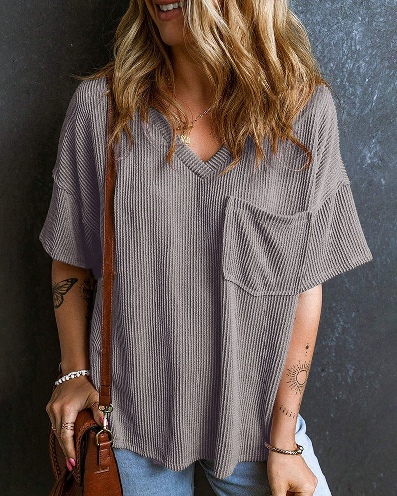 Textured V-Neck Dropped Shoulder Relaxed Tee