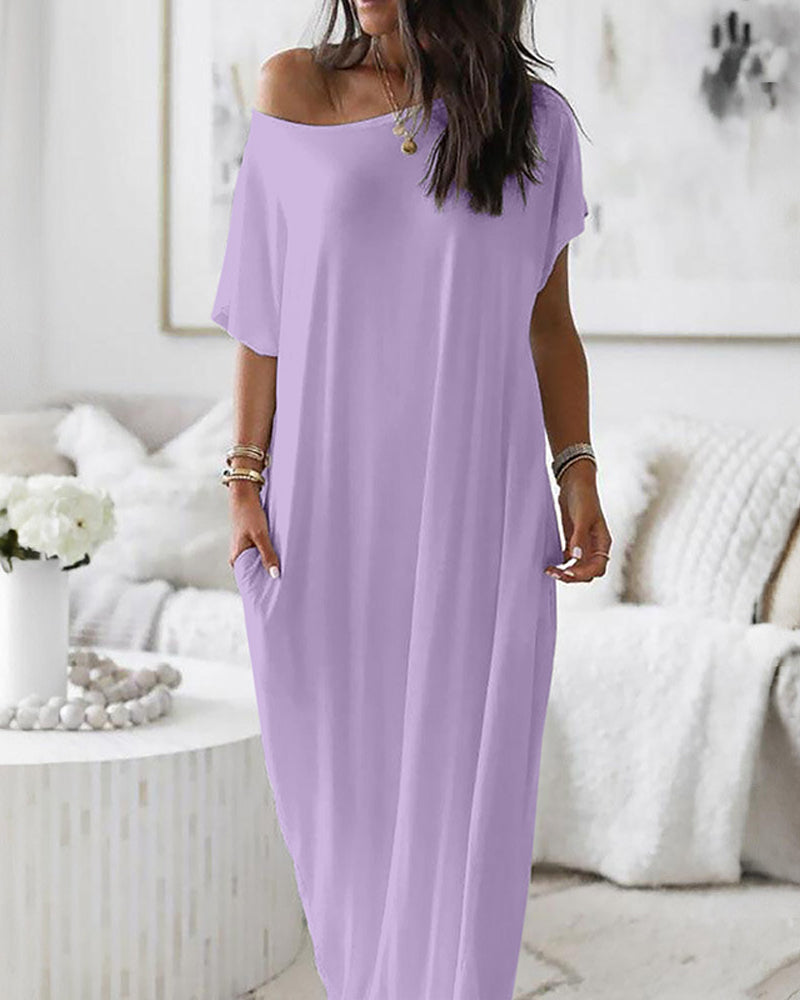 Women's Oversized Solid Slant Shoulder Pocket Dress