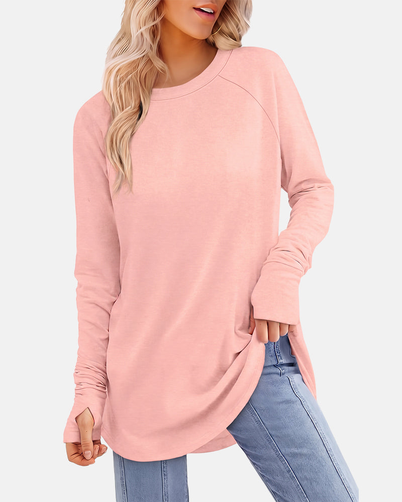 Women Long Sleeve Thumb Hole Crew Neck Tunic Top