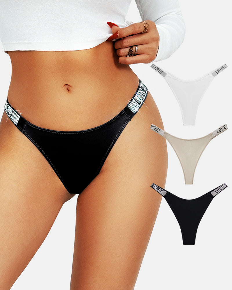 Womens Sexy Rhinestone Thongs 3-Pack