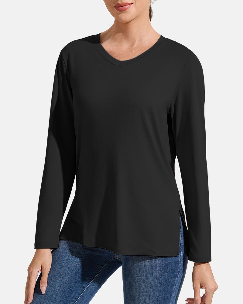 Women’s V-Neck Long Sleeve Casual Top — Loose Fit Basic Tee