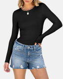 Women Full Length Long Sleeve Rib Knit Slim Fit Tops