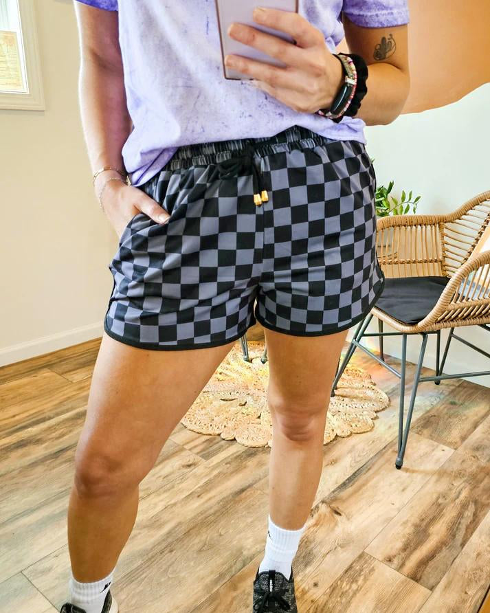 Pantalones cortos casuales a cuadros con cordón, cintura elástica y bolsillos