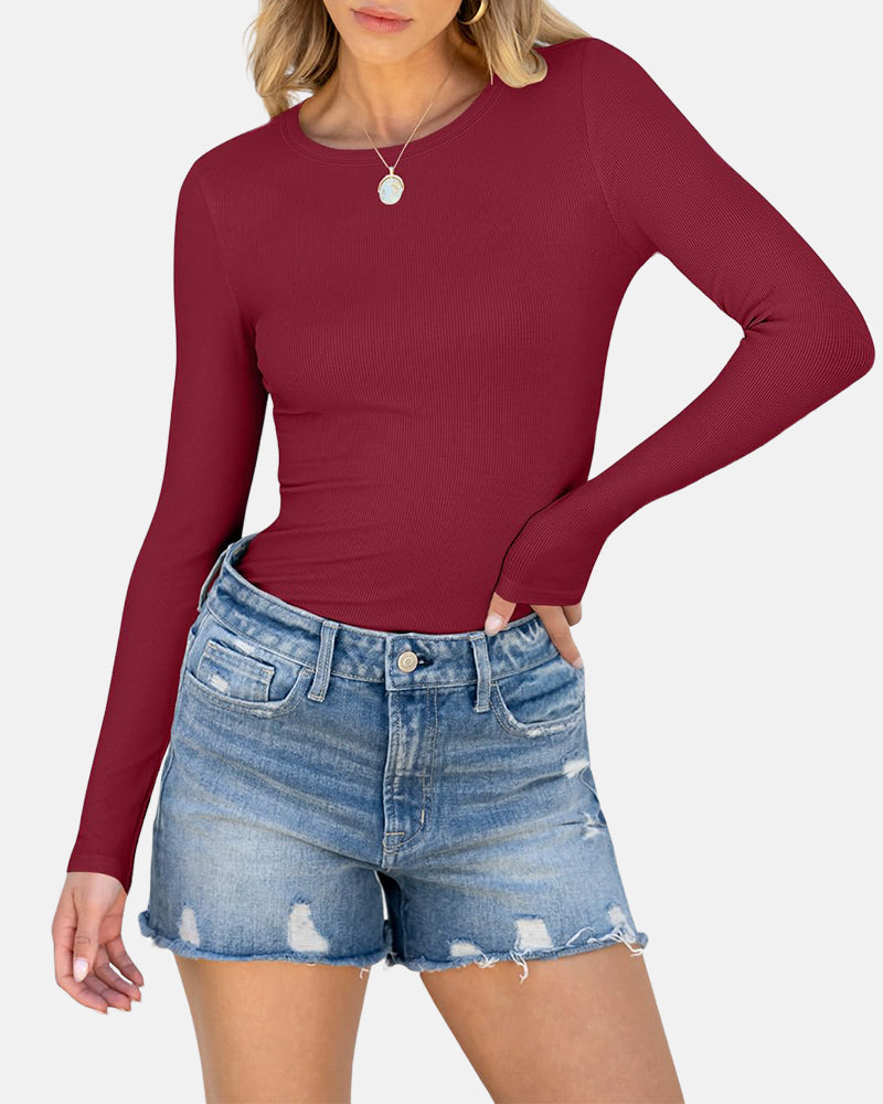Women Full Length Long Sleeve Rib Knit Slim Fit Tops