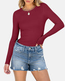 Women Full Length Long Sleeve Rib Knit Slim Fit Tops