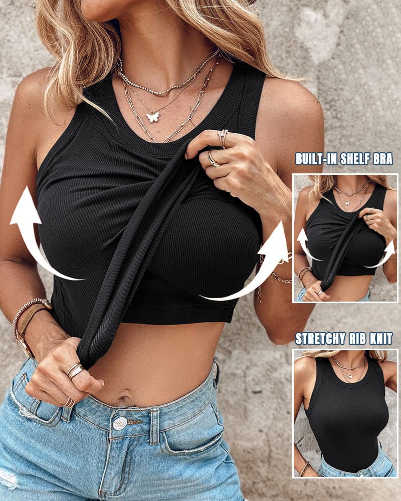 Ribbed Tank Top with Built-in Bra and Pads